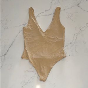 Babaton Tan Bodysuit with Plunging V-Neckline